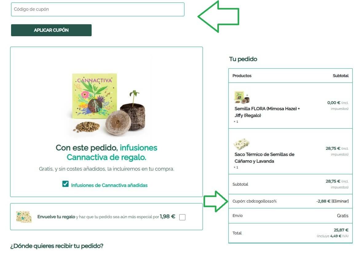 Carrito de la compra de la página web de Cannactiva con el descuento del 10% aplicado