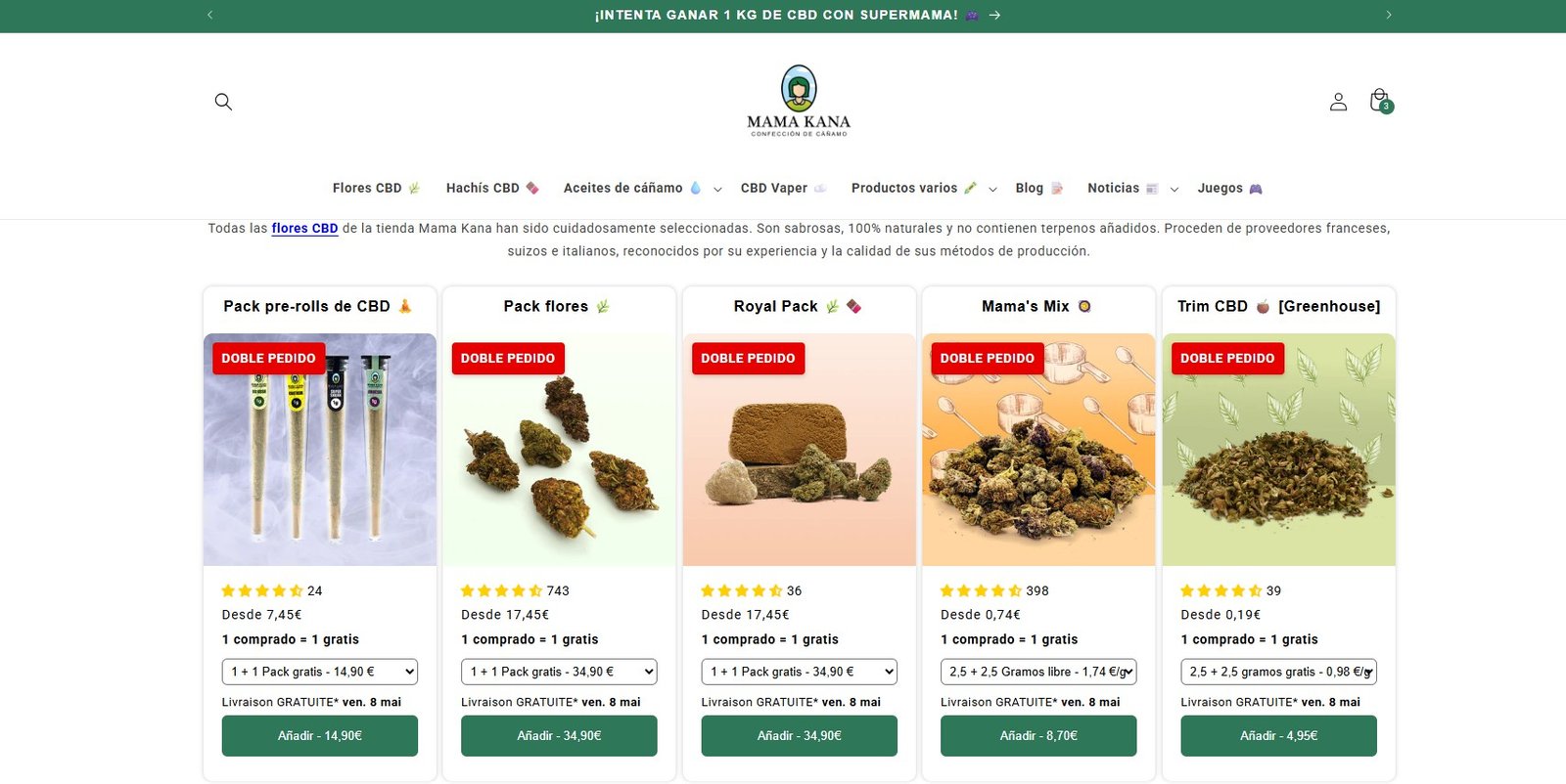 Captura de la tienda online MAMA KANA mostrando productos con etiqueta “Doble Pedido” y la oferta 1 comprado = 1 gratis.