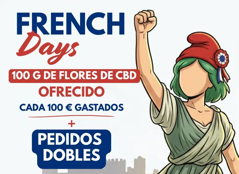 Banner French Days de MAMA KANA con 100 g de flores de CBD ofrecidos por cada 100€ gastados y promoción de pedidos dobles.